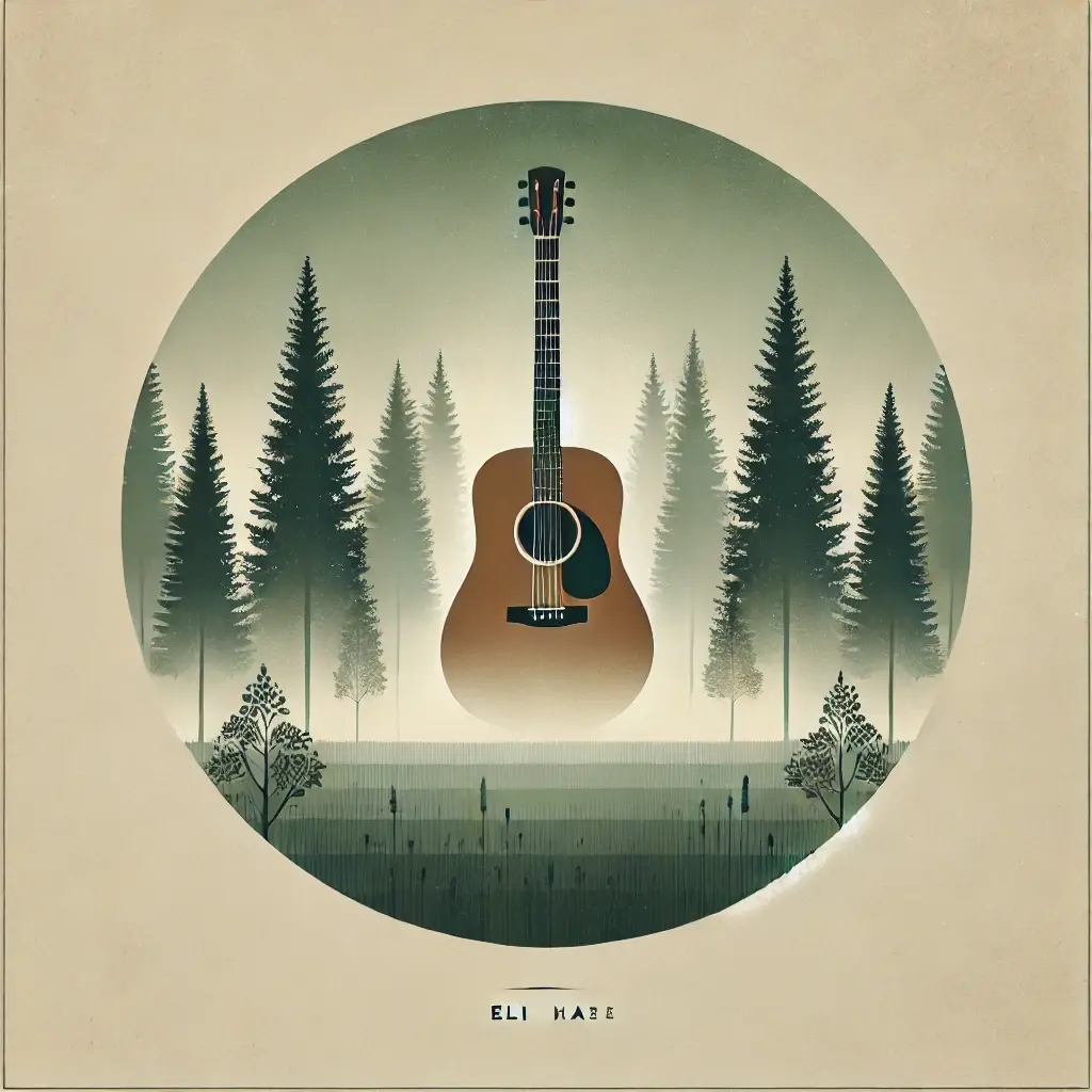 A serene forest scene with tall pine trees, soft mist, and an acoustic guitar subtly integrated into the background, evoking tranquility and introspection.