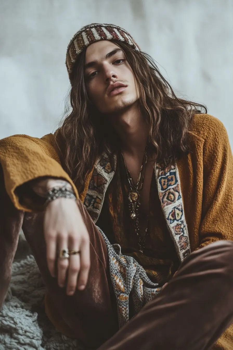 Eli Haze sitting casually with a bohemian look, exuding introspective charm